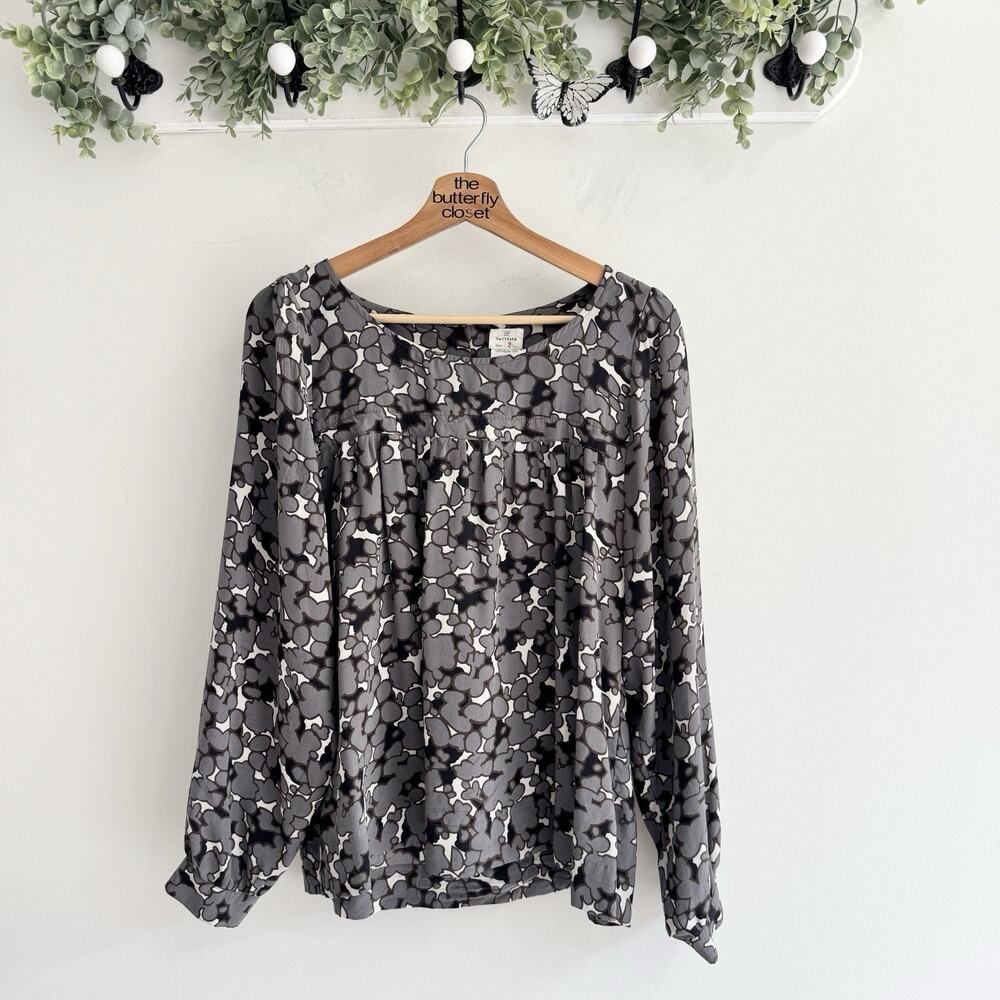 Hartford 100% Silk Grey Abstract Bishop Sleeve Blouse #MB